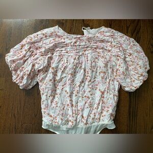 Intimately Free People- White Floral Puff Sleeve bodysuit size L tie back detail